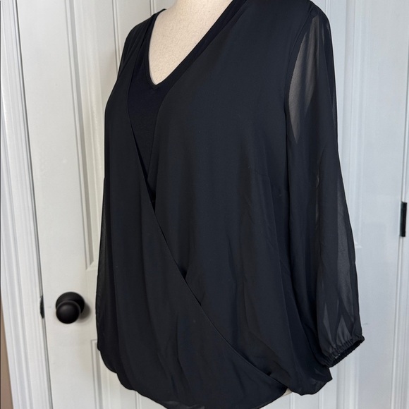 JM Collection Black Sheer Faux Wrap Overlay Blouse Sz L - Picture 7 of 10